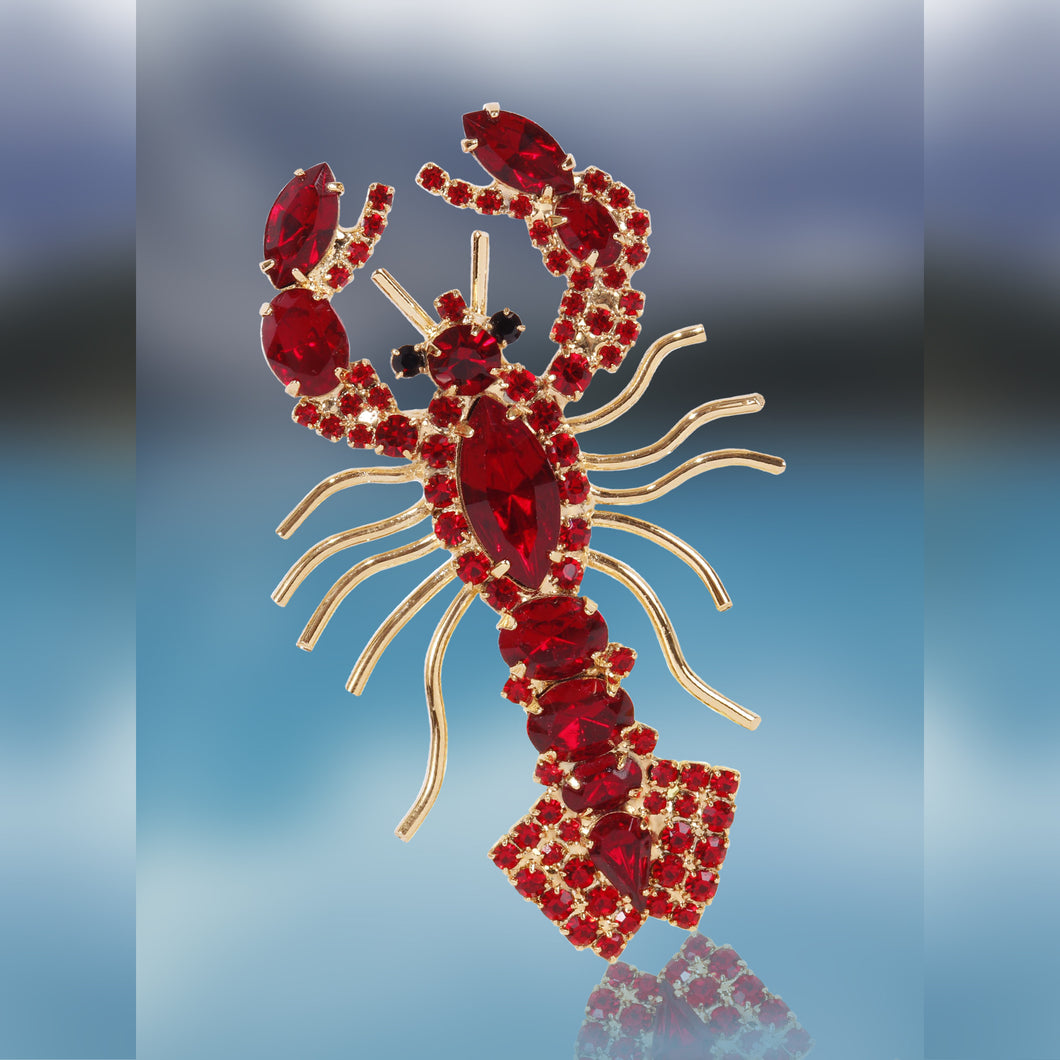 Lobster Pin using Red Swarovski Stones and Plated in Gold by Albert Weiss