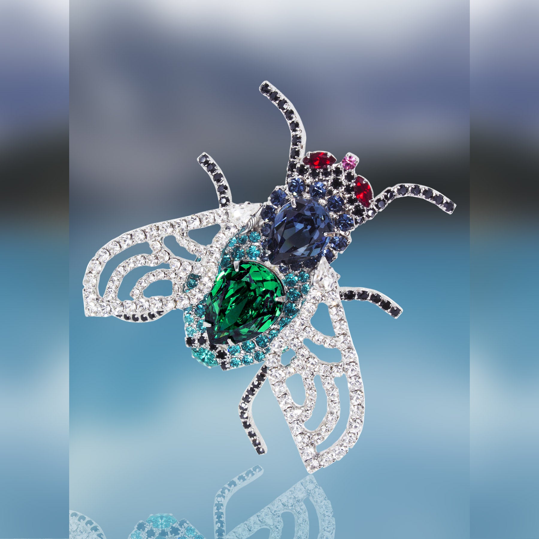 Fly Pin with Movable Wings using Swarovski Red, Black, Blue and Crysta